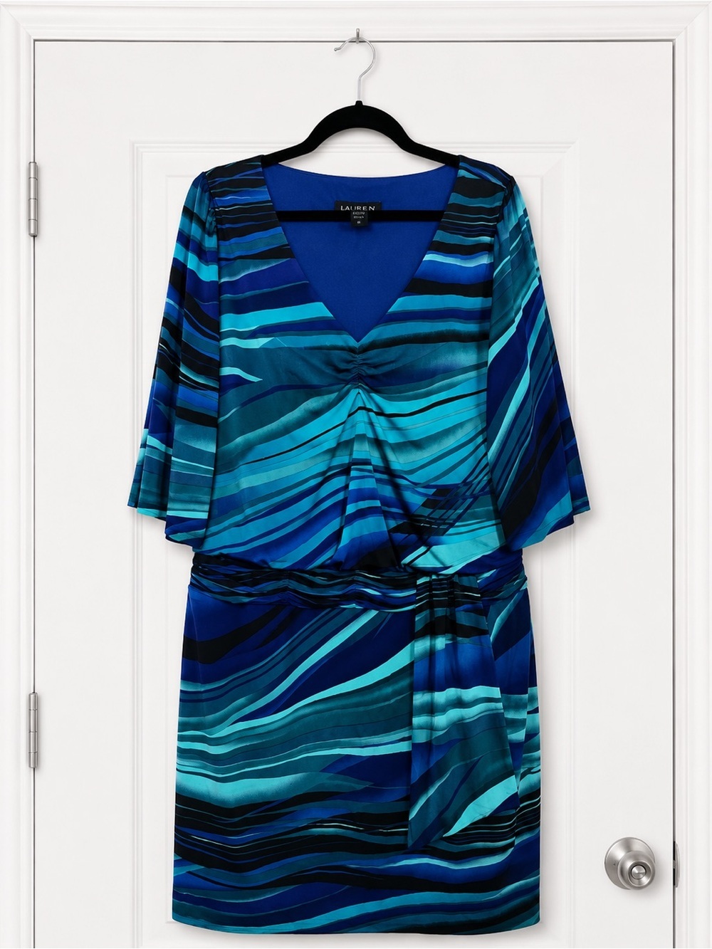 LANE Bryant Plus Size Latimer Blue Teal Wave-Print V-Neck Dress
